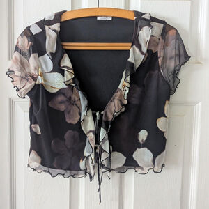 Ardene Black Floral Y2K Sheer Blouse Ruffle Tie Front